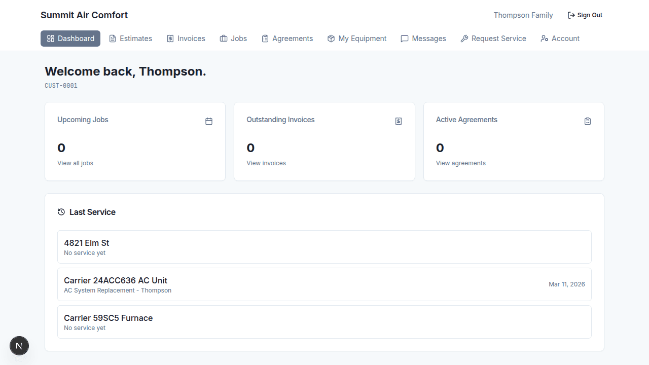 Branded customer portal showing upcoming jobs, outstanding invoices, agreements, and recent service history
