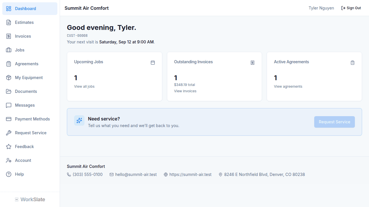 Branded customer portal showing upcoming jobs, outstanding invoices, agreements, and recent service history