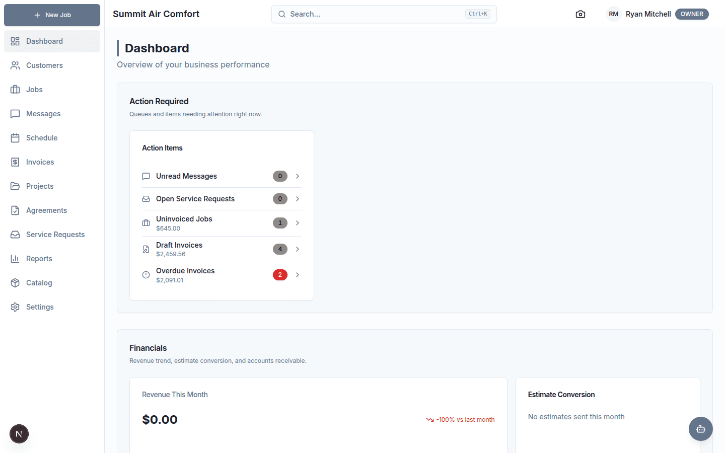 WorkSlate dashboard with action items, financials, and live job activity