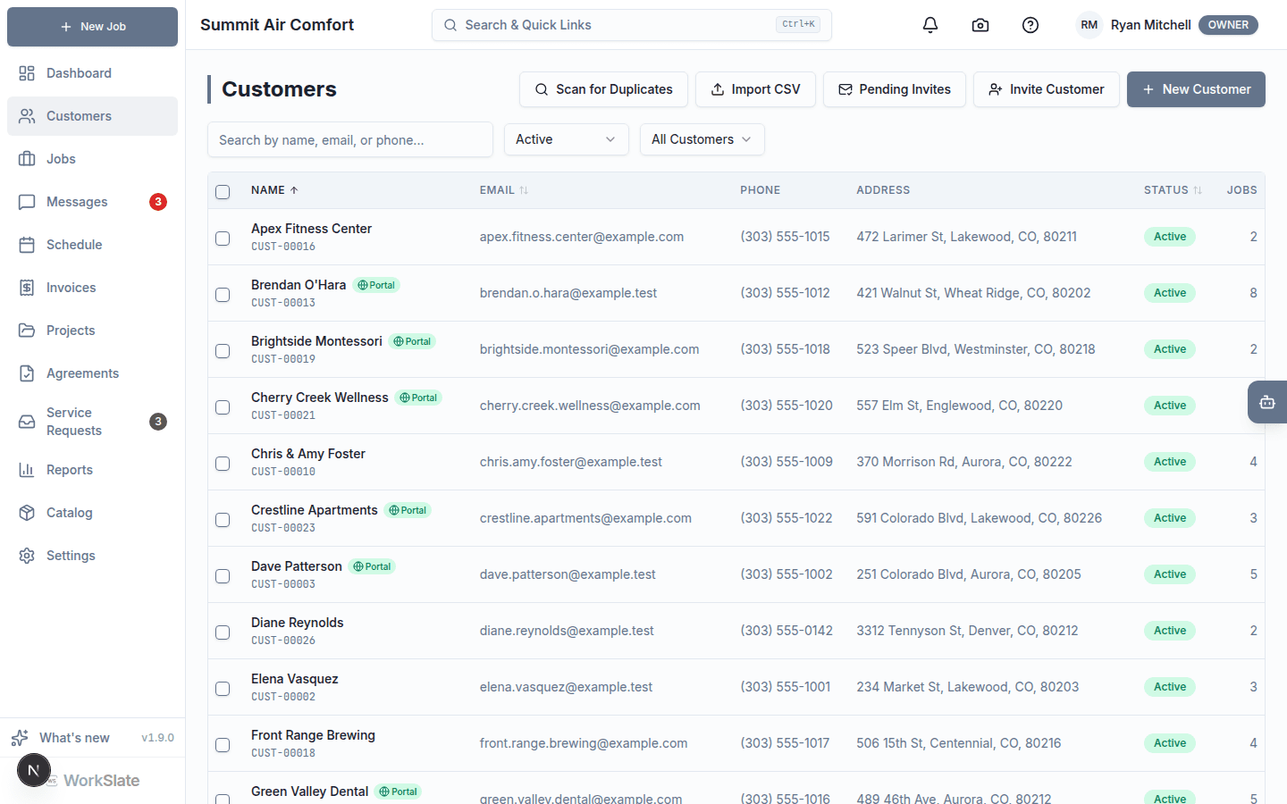 WorkSlate customer list with names, contact info, addresses, and job counts