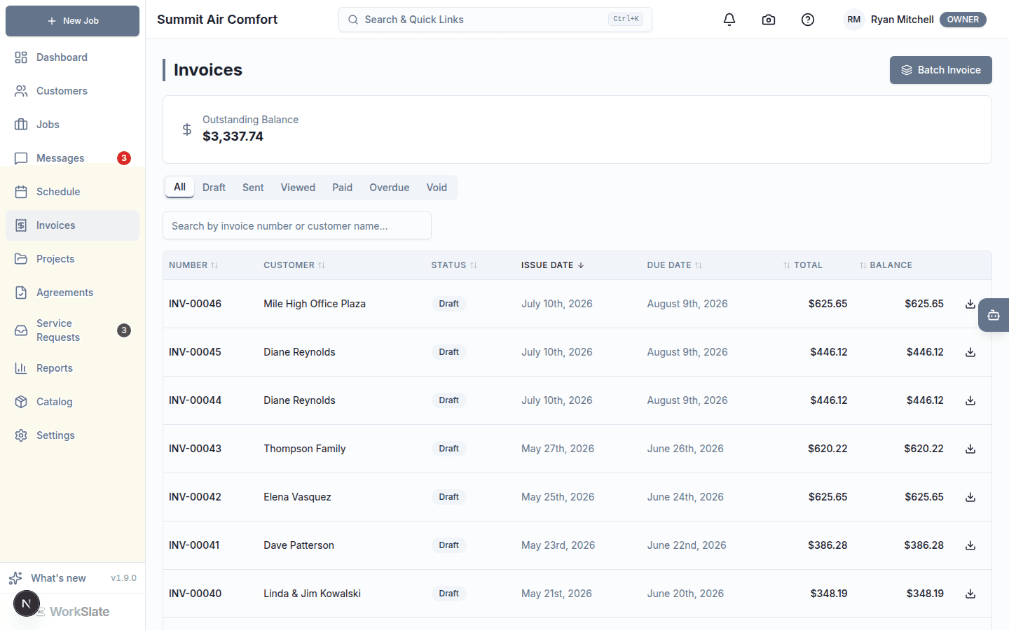 Invoices list showing outstanding balance, status filters, and a batch invoice action