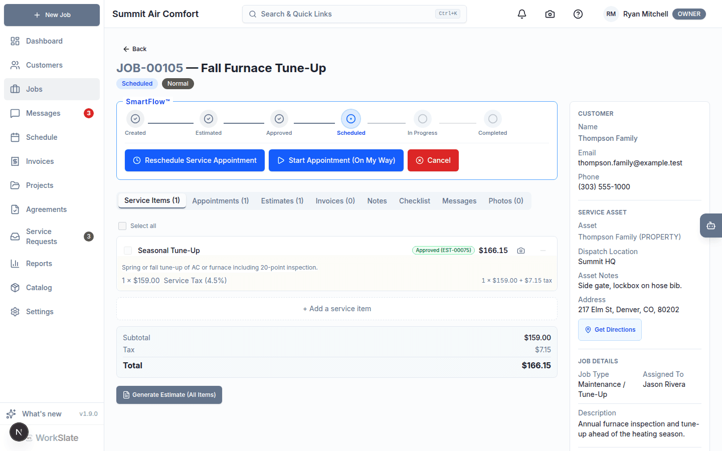 WorkSlate job detail page with the SmartFlow tracker, service items, and customer info