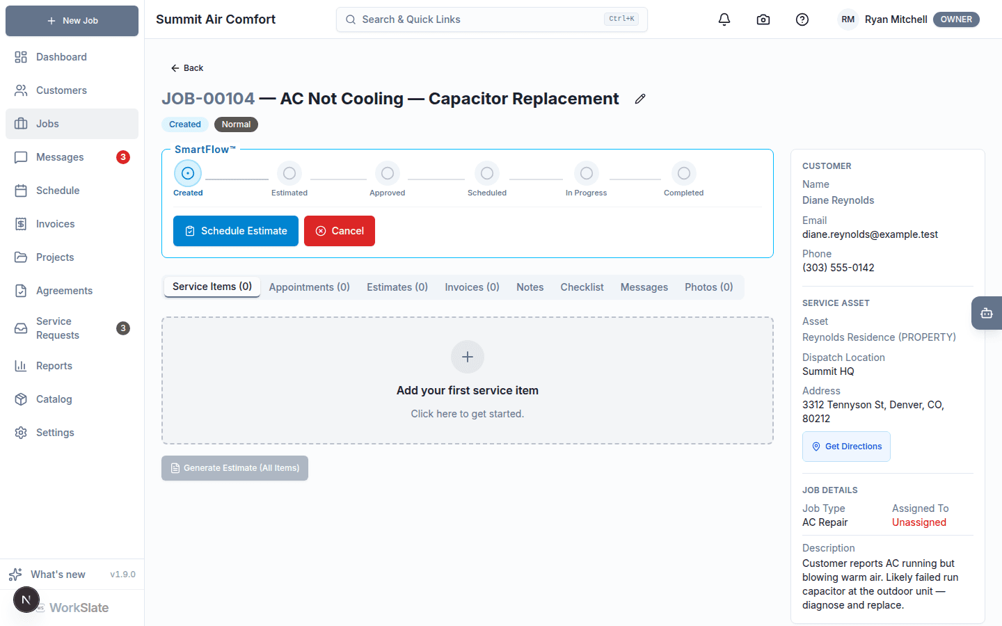 WorkSlate job detail page with the SmartFlow tracker in the Created stage