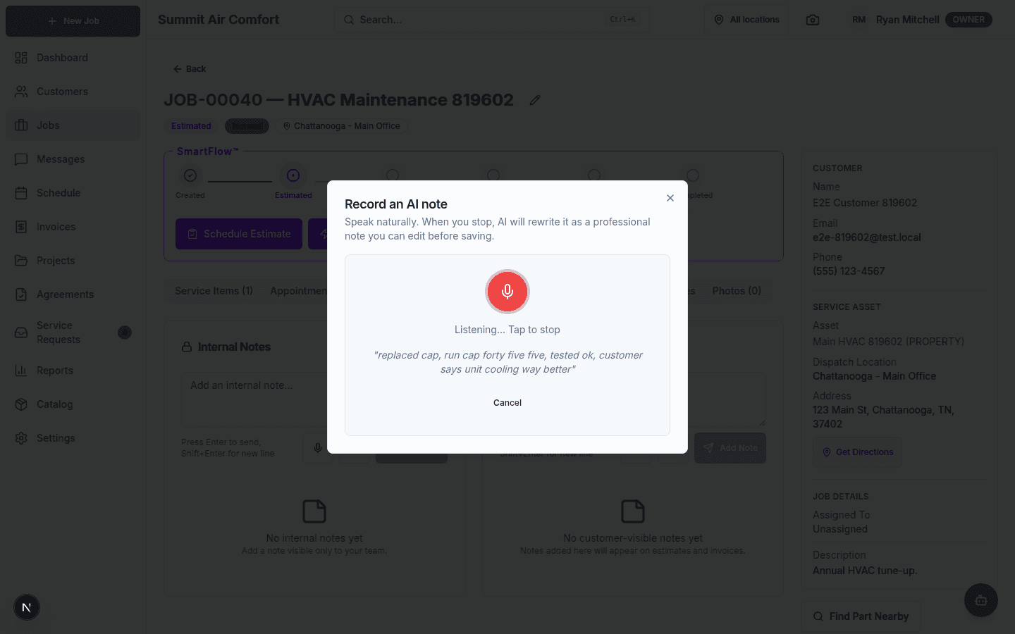 Voice-to-notes recorder on a job, mid-recording with the live transcript streaming